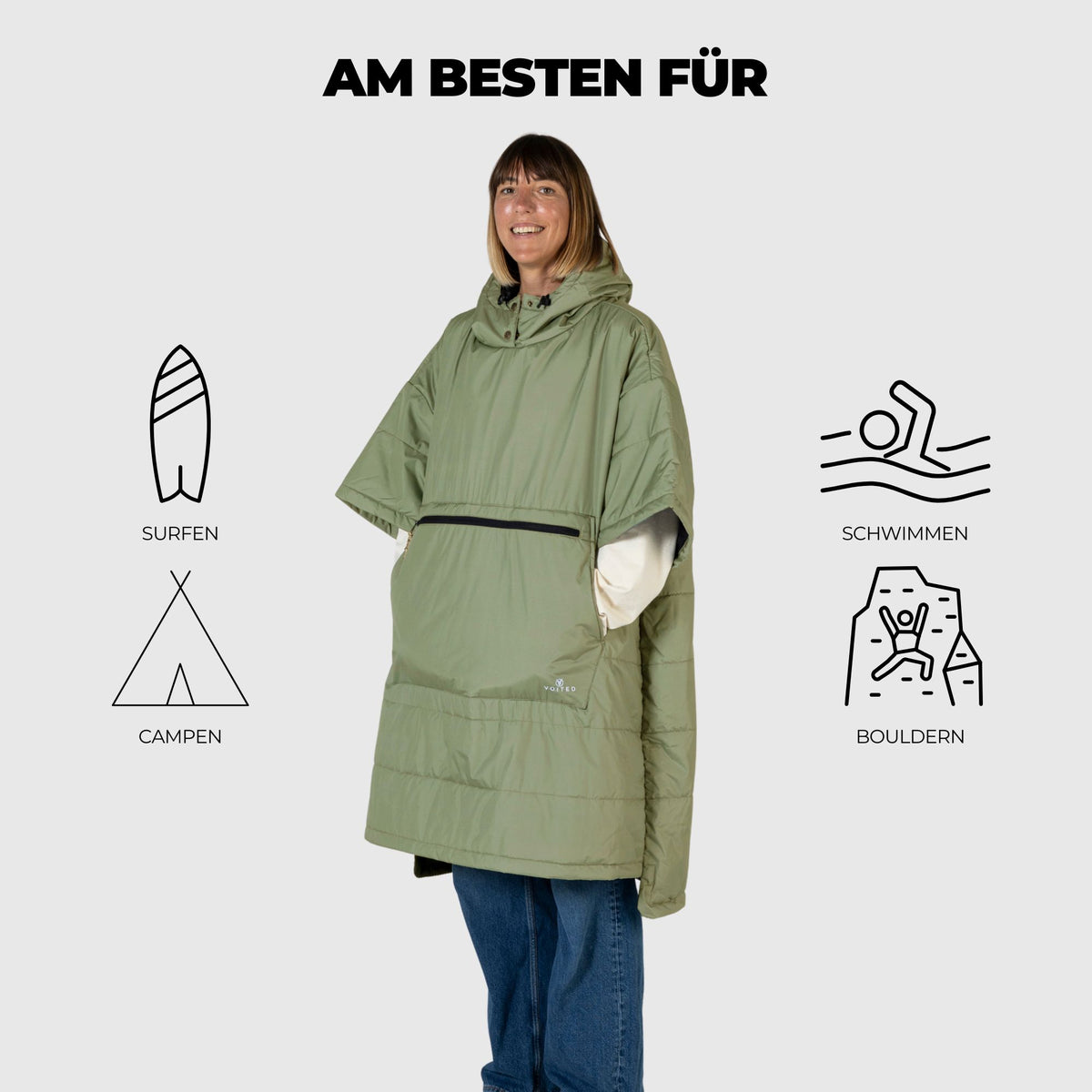 VOITED 3rd Edition Outdoor Poncho for Surfing, Camping, Vanlife & Wild Swimming - Olive