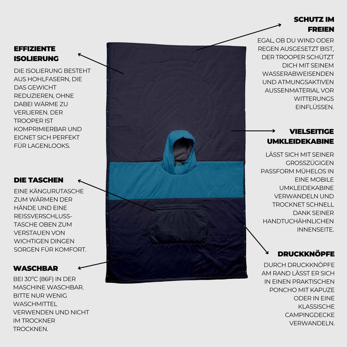 VOITED Trooper Outdoor Premium Poncho-Decke - Blue Steel / Graphite