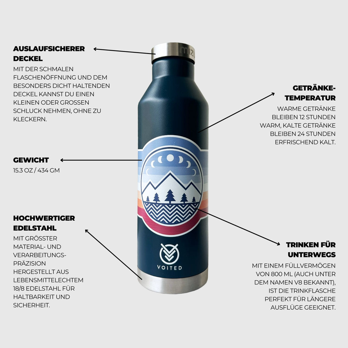 Isolierte 800ml Edelstahl Trinkflasche Mizu