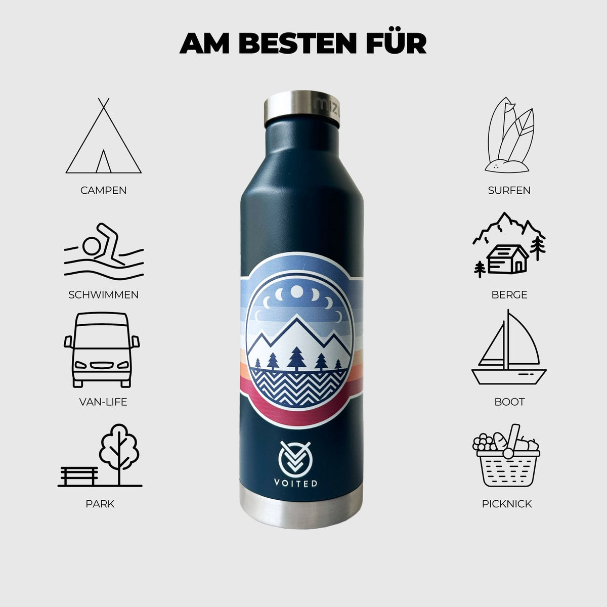 Isolierte 800ml Edelstahl Trinkflasche Mizu