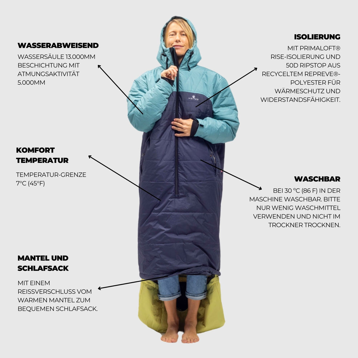 VOITED Premium Slumber Jacket for Camping, Vanlife & Indoor - Arcticblue / Graphite / Dustysand