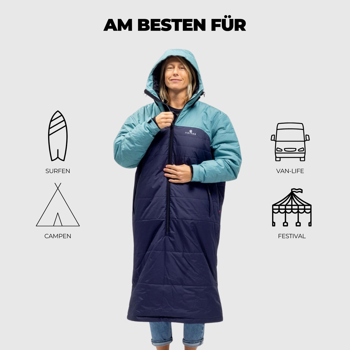 VOITED Premium Slumber Jacket for Camping, Vanlife & Indoor - Arcticblue / Graphite / Dustysand
