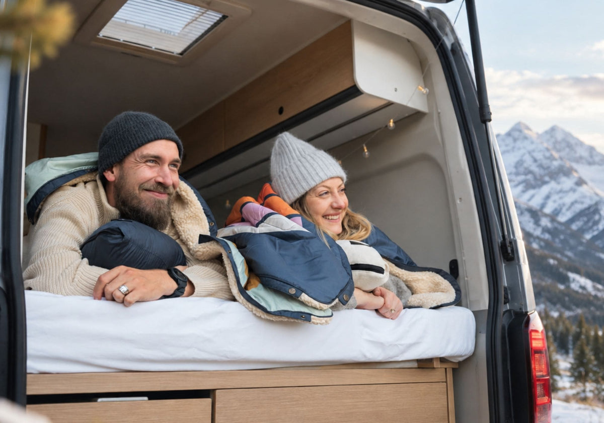 Ein Paar liegt eingekuschelt in eine Cloudtouch VOITED Decke im Bett eines Campervans, blickt lächelnd durch die offene Hecktür auf eine schneebedeckte Berglandschaft. AI modified
