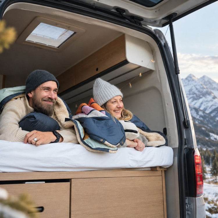 Ein Paar liegt eingekuschelt in eine Cloudtouch VOITED Decke im Bett eines Campervans, blickt lächelnd durch die offene Hecktür auf eine schneebedeckte Berglandschaft. AI modified