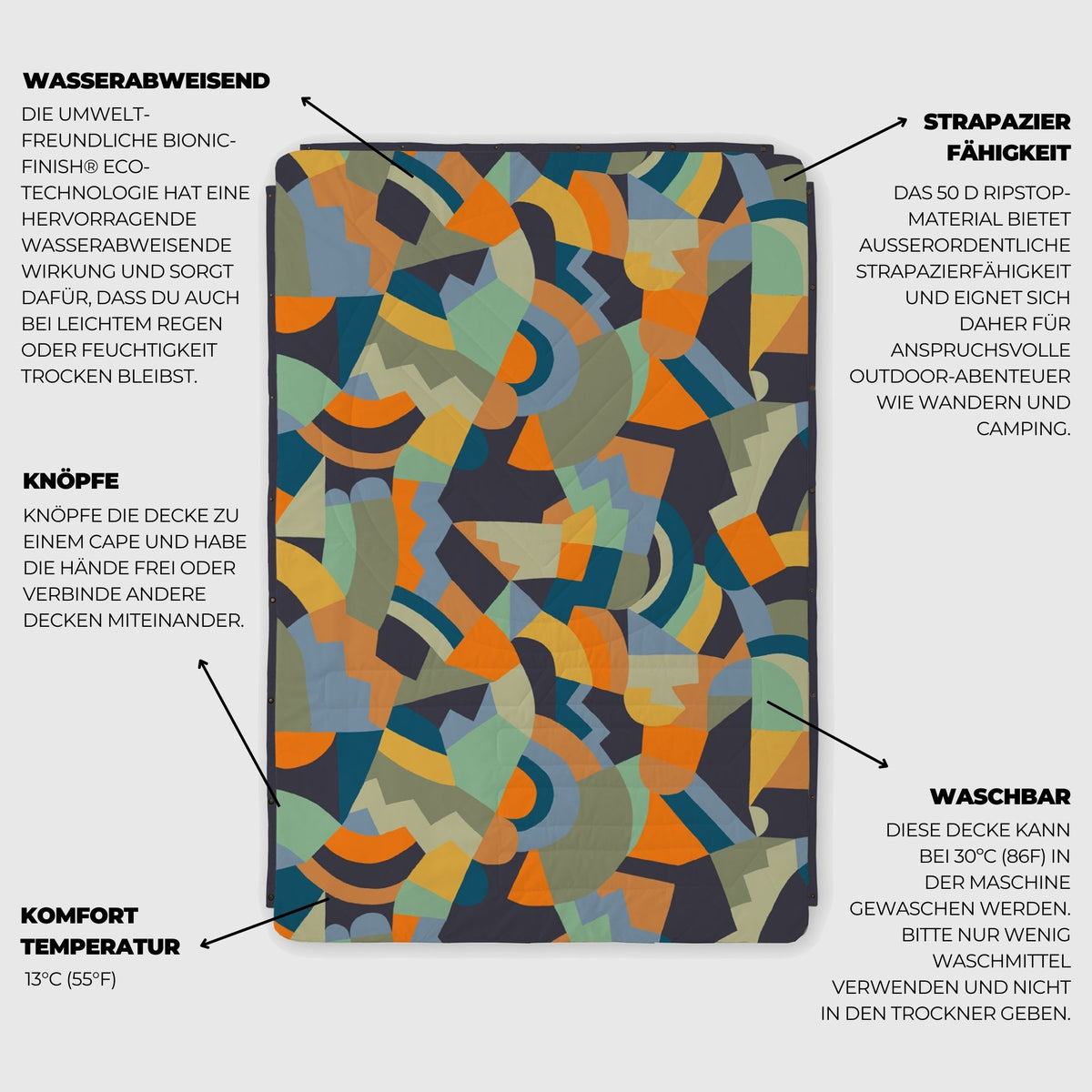 VOITED Recycled Ripstop Outdoor Camping Blanket - Farmers Market/Graphite