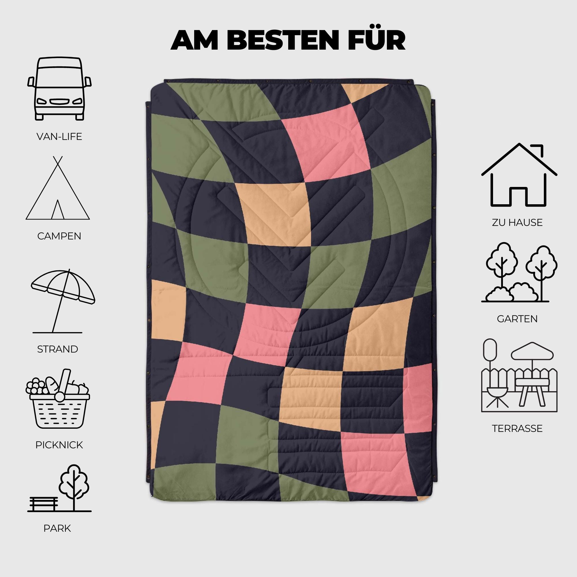 Outdoor-Decke Wasserdicht & Sanddicht – 203x203 Cm Picknickdecke Mit Kissen, Faltbar Und Mit Tragegurt Für Camping & Strand