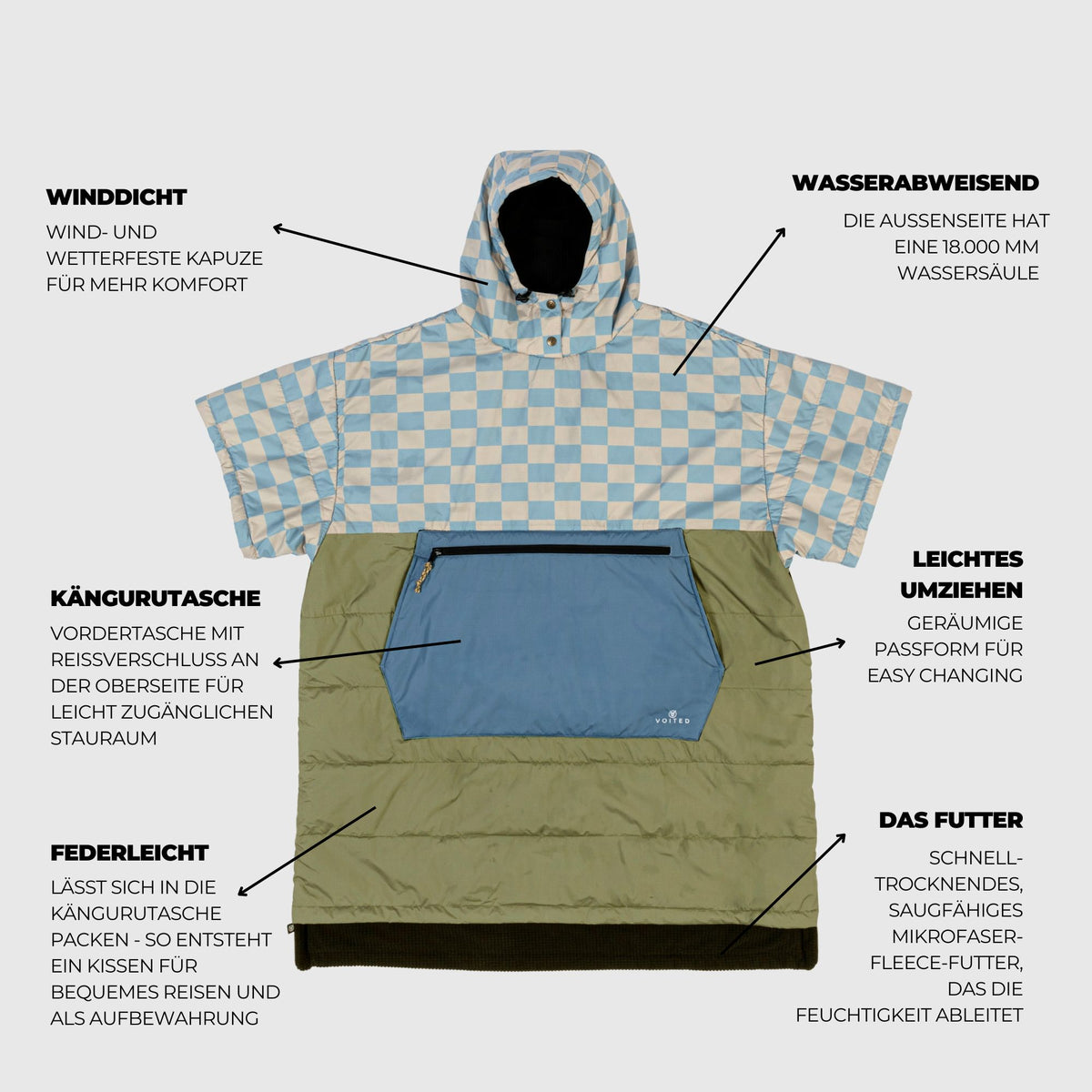 VOITED 3rd Edition Outdoor Poncho for Surfing, Camping, Vanlife & Wild Swimming - Blue Dancer