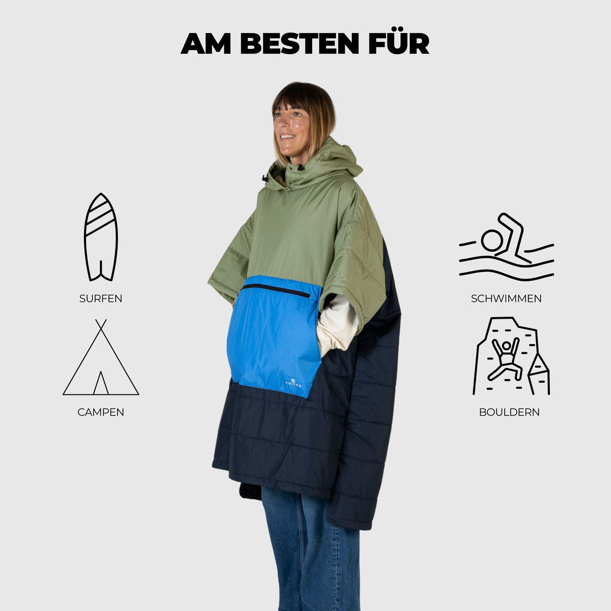 VOITED 3rd Edition Outdoor Poncho for Surfing, Camping, Vanlife & Wild Swimming - Ocean Navy/Olive