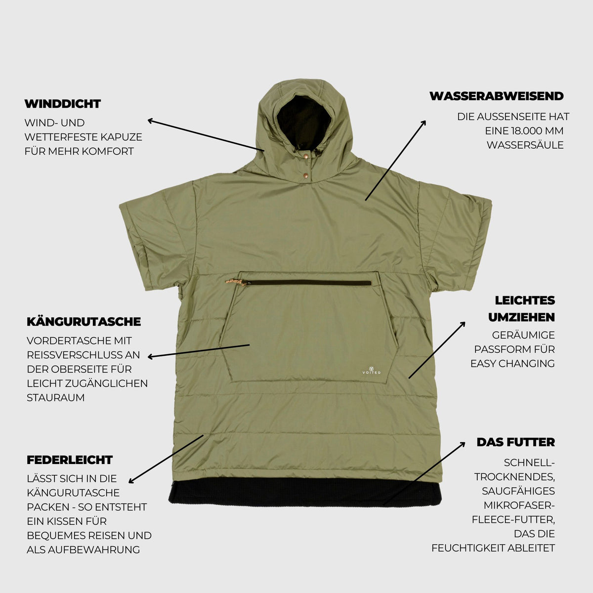 VOITED 3rd Edition Outdoor Poncho for Surfing, Camping, Vanlife & Wild Swimming - Olive