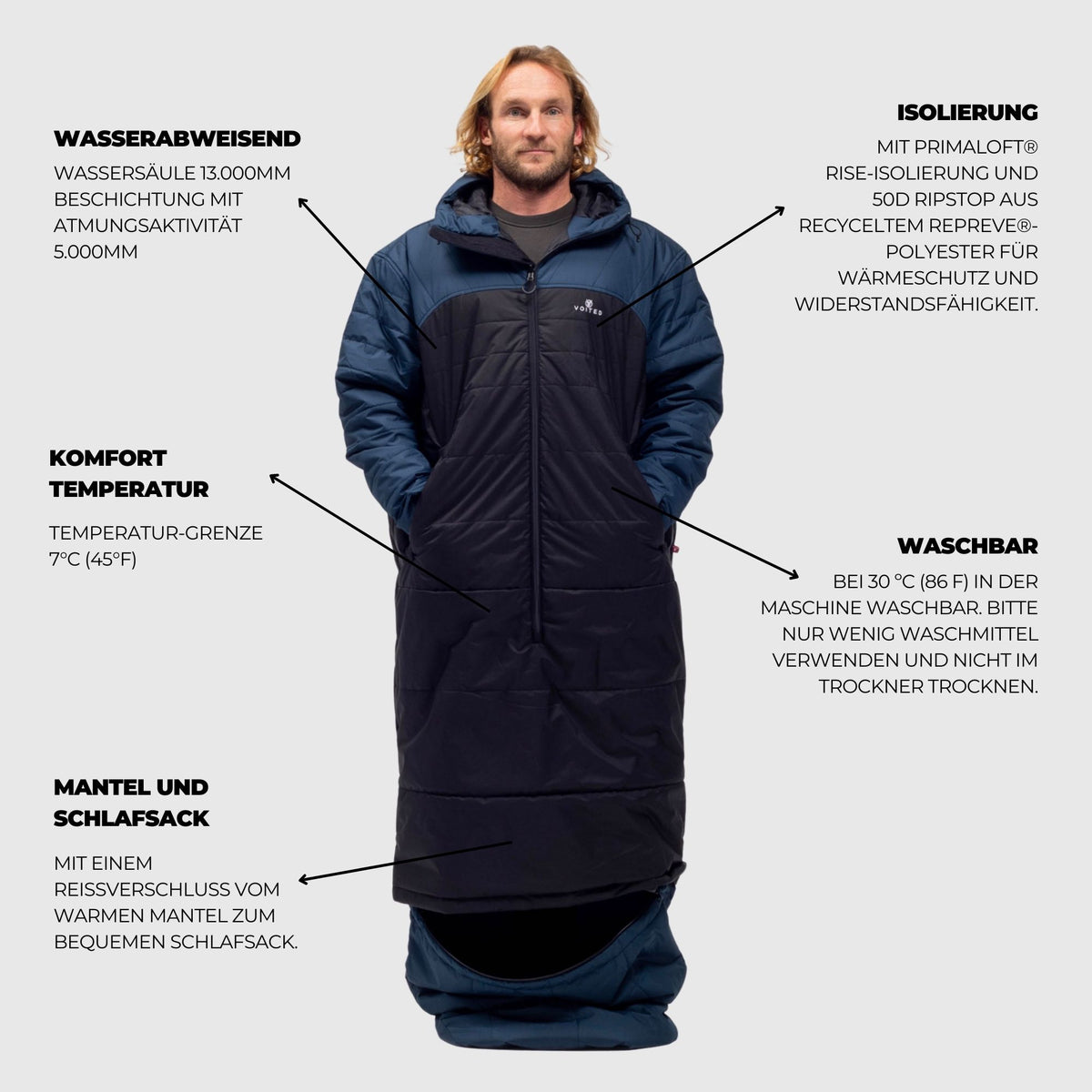 VOITED Premium Slumber Jacket for Camping, Vanlife & Indoor - Navy / Black / Navy