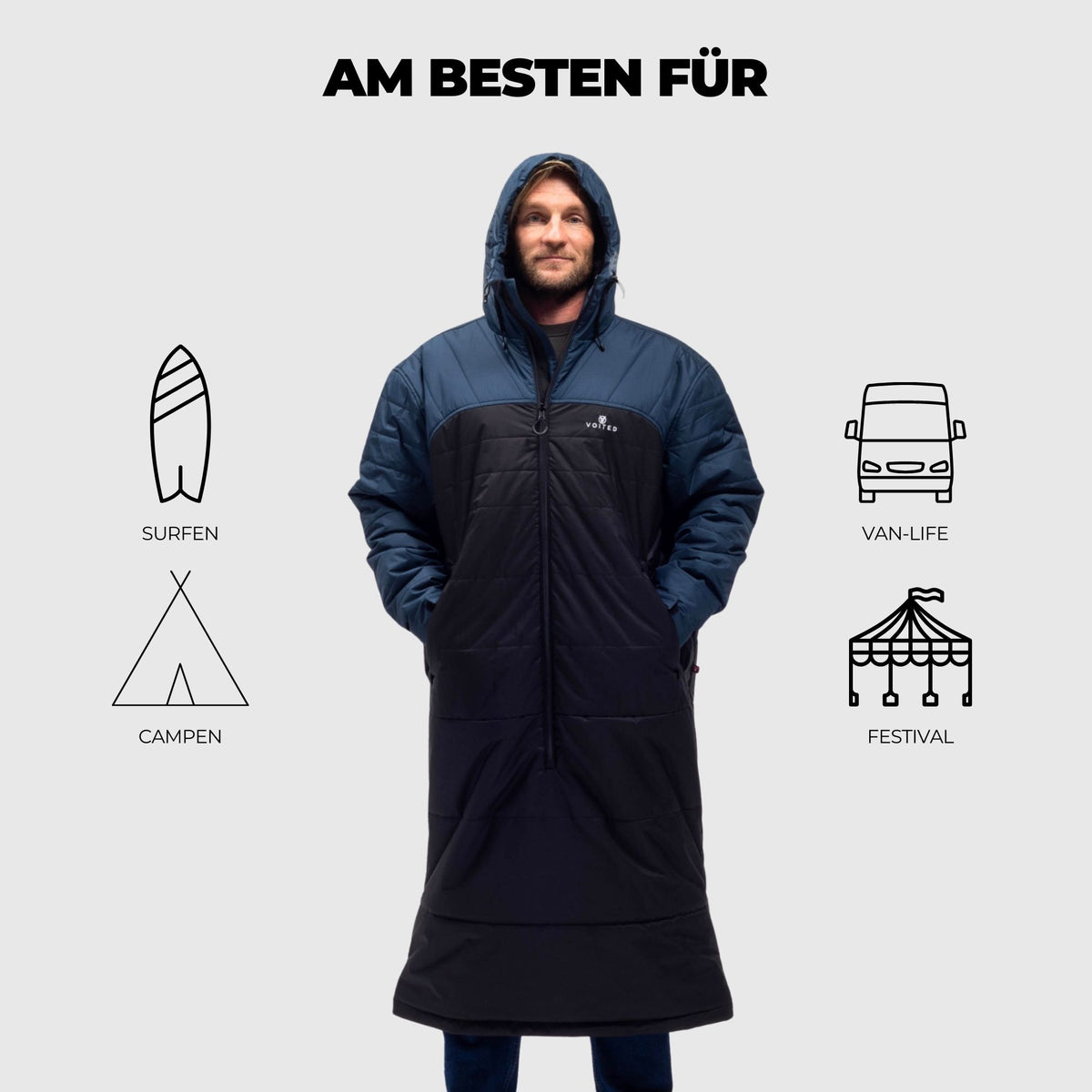VOITED Premium Slumber Jacket for Camping, Vanlife & Indoor - Navy / Black / Navy